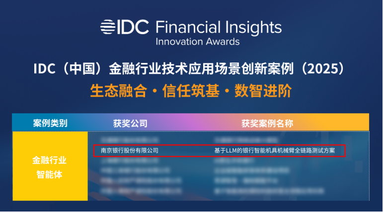 润和软件旗下捷科与南京银行联合打造的智能化测试项目入选IDC金融创新案例